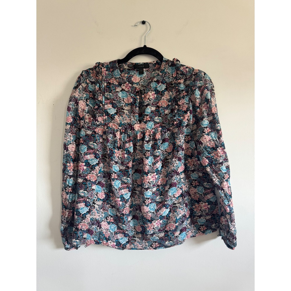 J.Crew Womens Floral Paisley Cotton Silk Ruffle Blouse Blue Pink Small